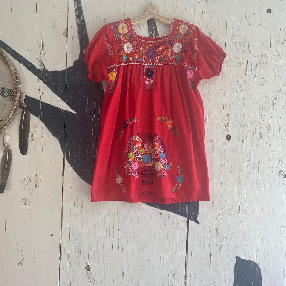 VINTAGE 70”S MEXICAN Colorful Mini Dress in Red SZ: S/M